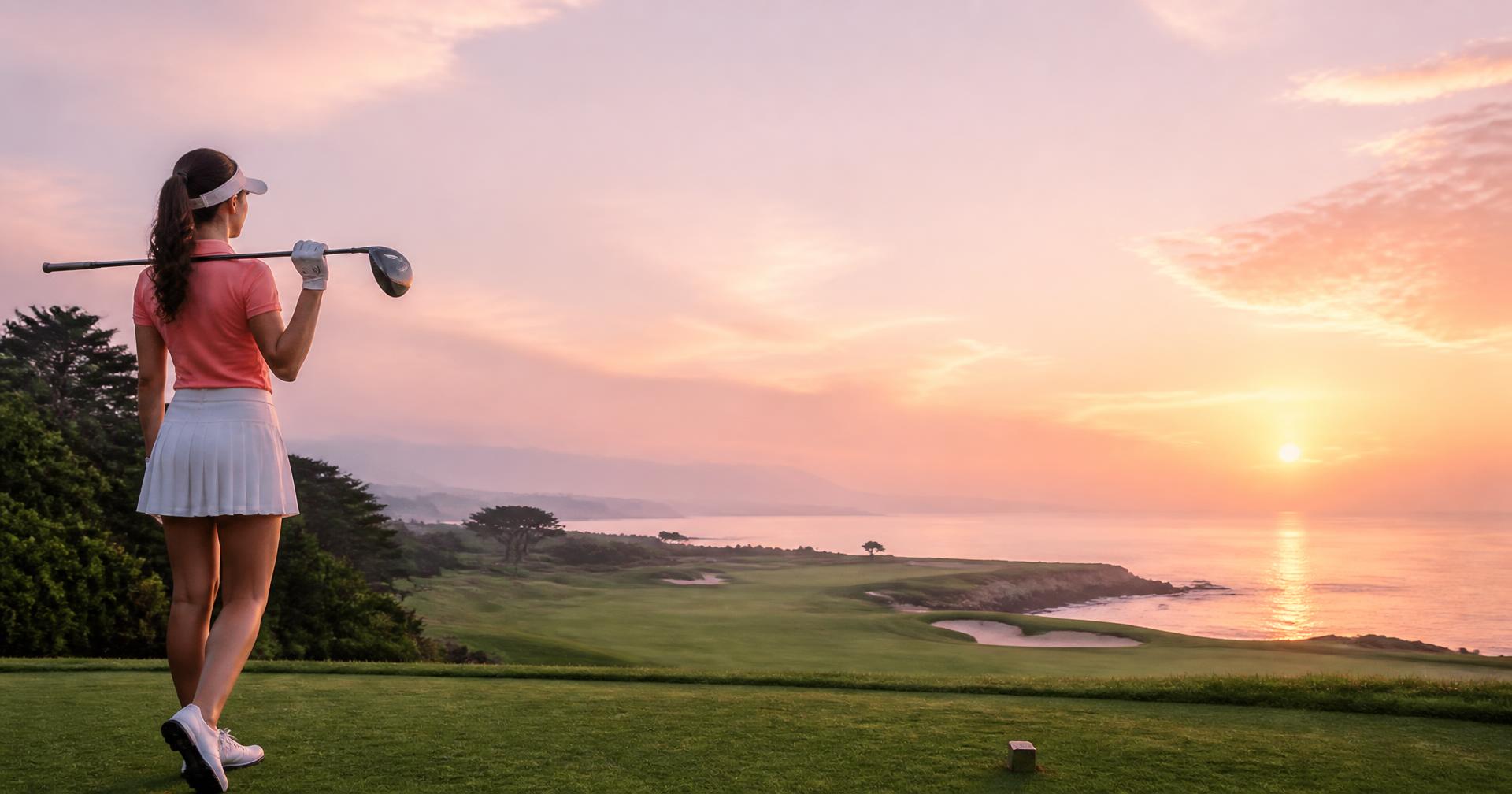 Woman golfer overlooking a coastal course at sunset